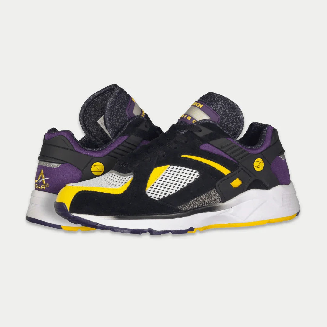 Men's light-up lowtop sneaker, black upper with purple overlays and yellow side details