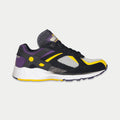 Men's light-up lowtop sneaker in black with purple and yellow accents, lace-up front