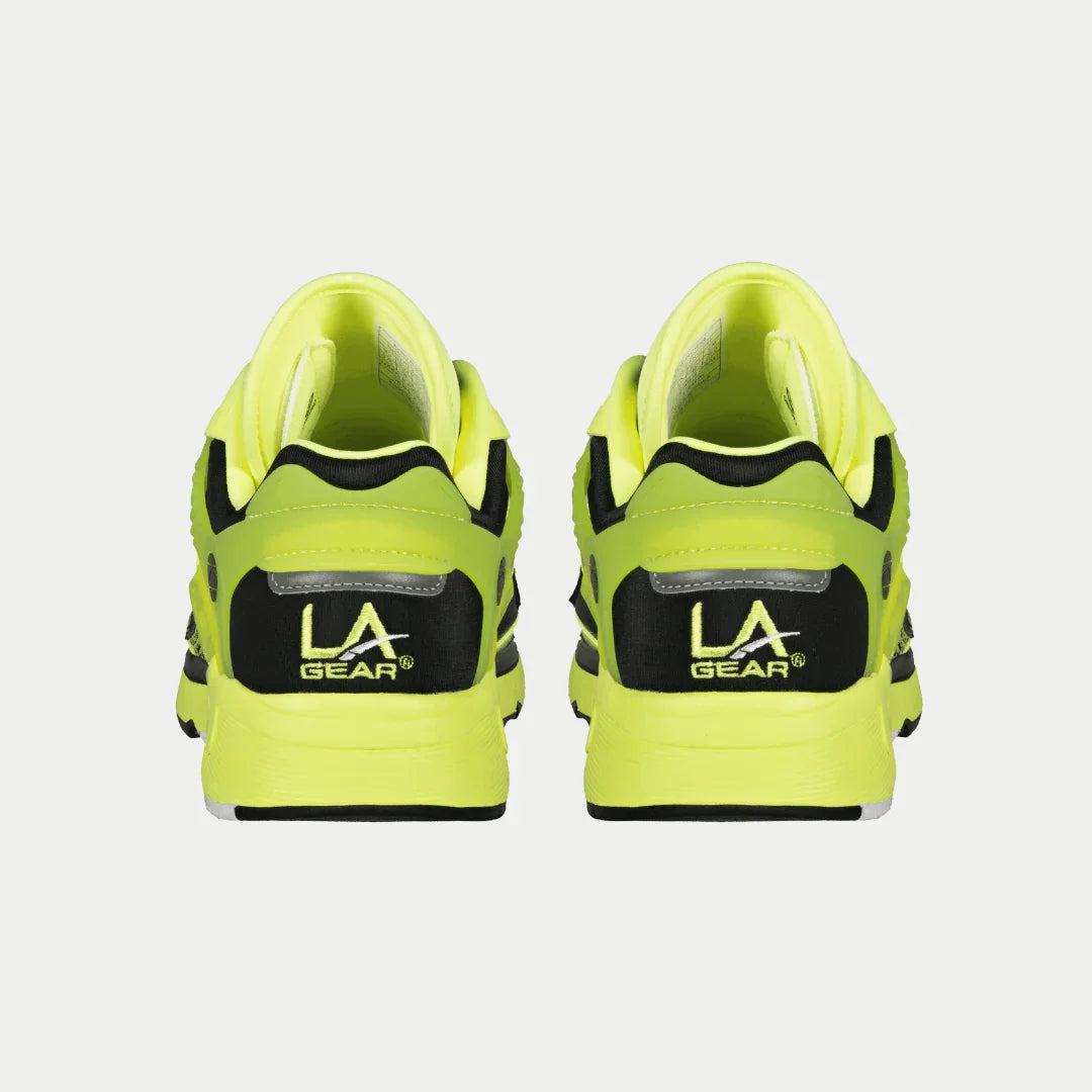 Pair of neon yellow and black lowtop sneakers, heel branding and back cushioning.