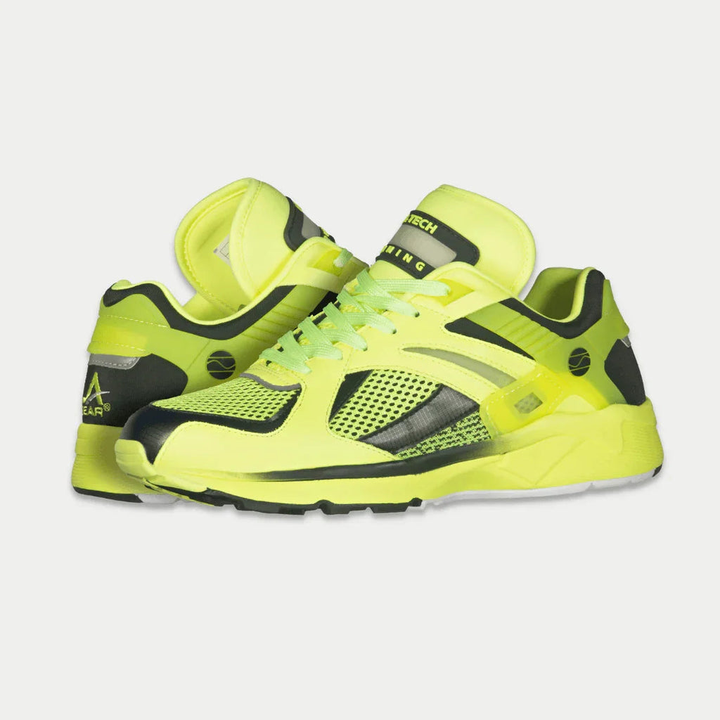 Men's neon yellow and black light-up lowtop sneaker, side stripes and black overlays.