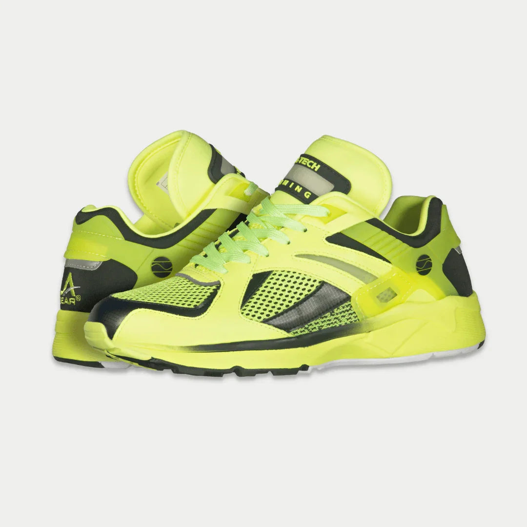 Men's neon yellow and black light-up lowtop sneaker, side stripes and black overlays.