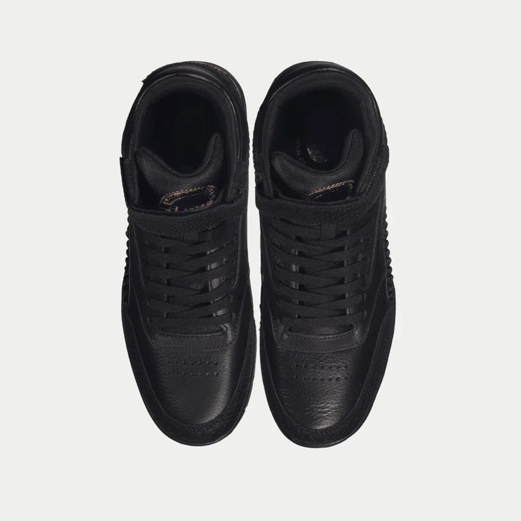 Pair of black high-top sneakers, top view of laces and padded collar