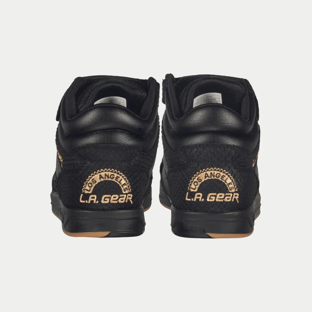 Black high-top sneakers with heel patch branding and padded back collar