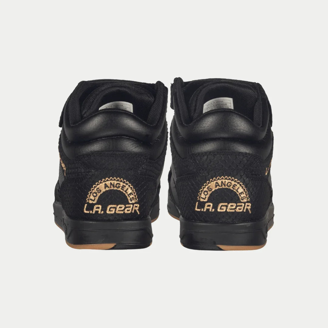 Black high-top sneakers with heel patch branding and padded back collar