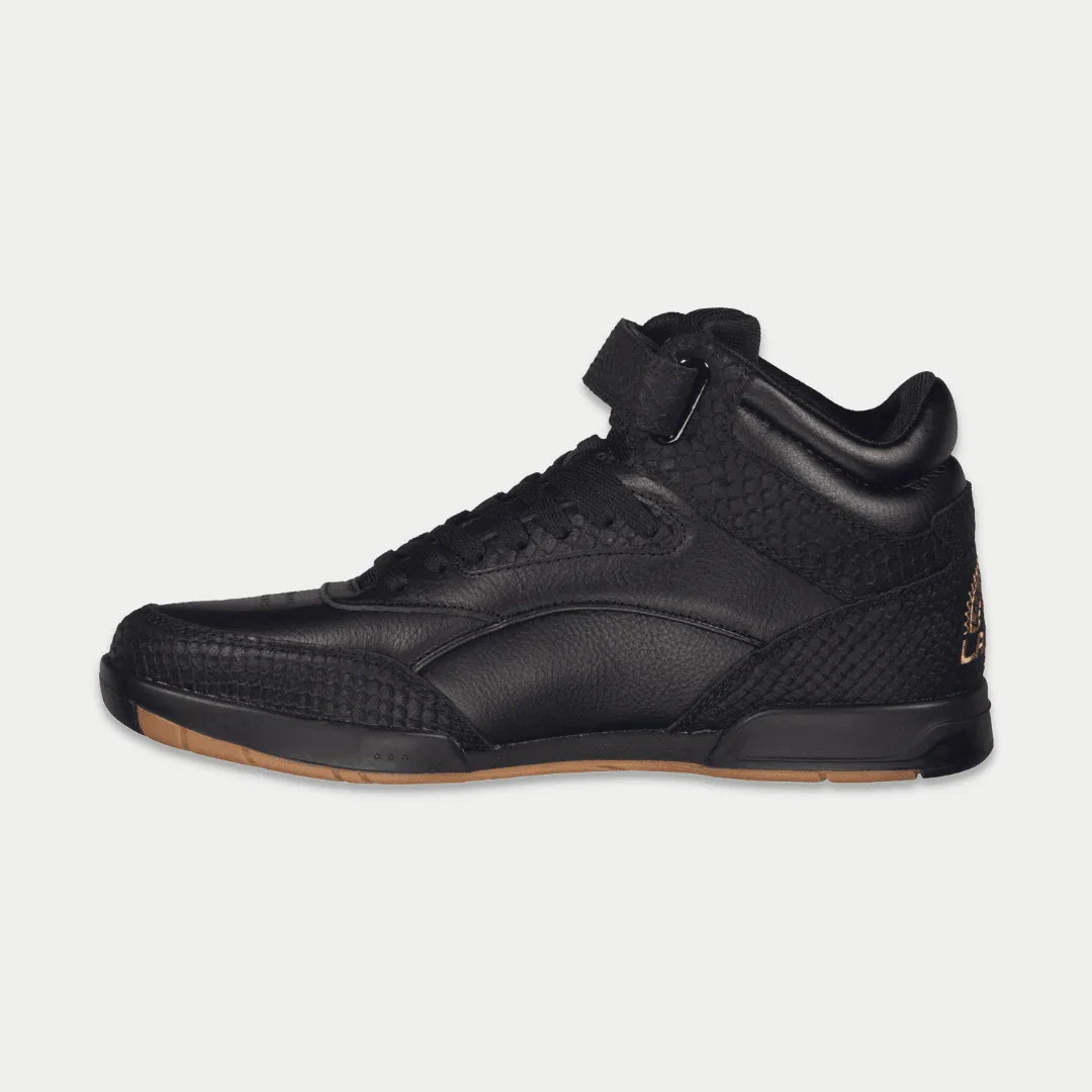 Men's black high-top sneaker with lace-up strap and textured side panels