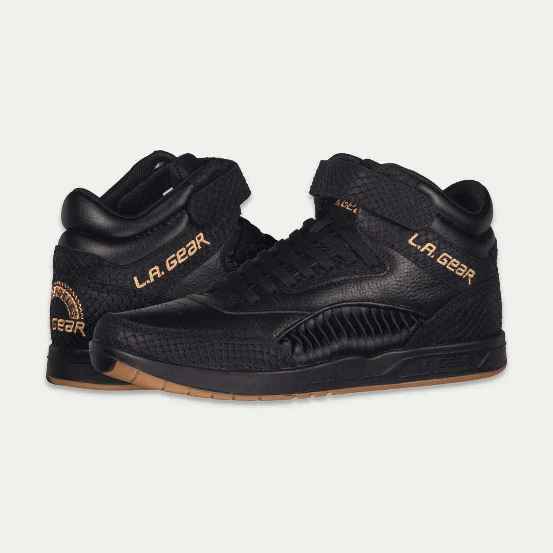 Men's black high-top sneakers, side view with LA Gear branding and textured upper