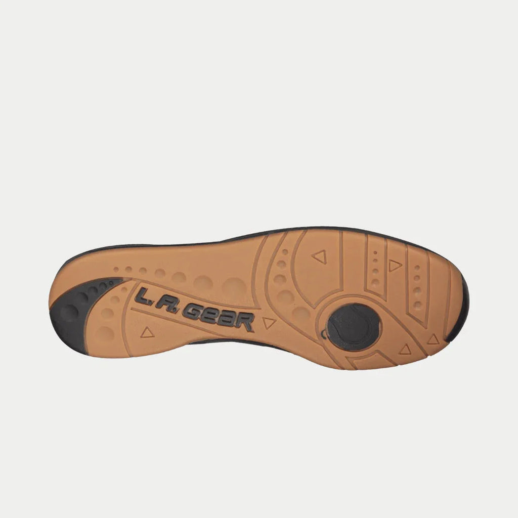 Black high-top sneaker outsole with gum rubber tread and LA Gear logo