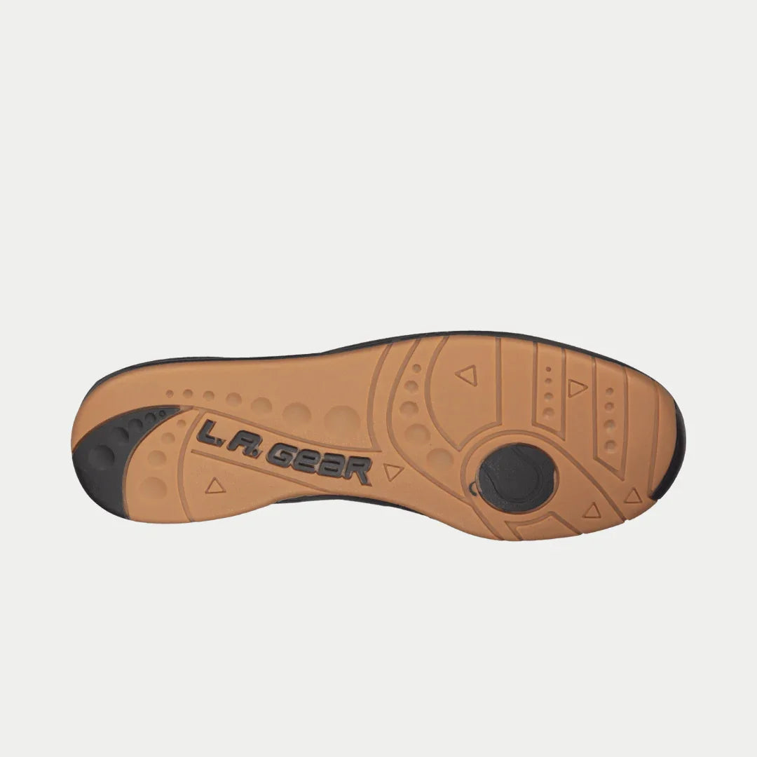 Black high-top sneaker outsole with gum rubber tread and LA Gear logo