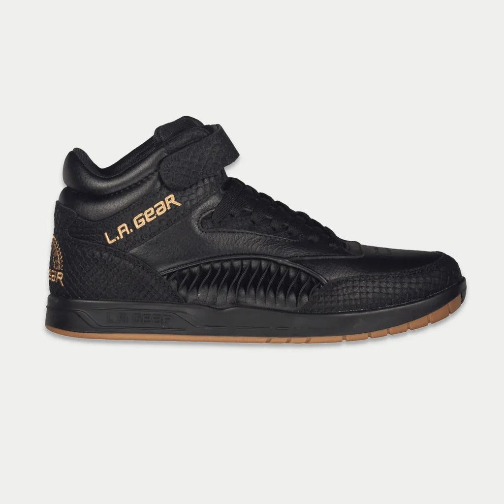 Men's black high-top sneakers with lace-up closure and LA Gear logo