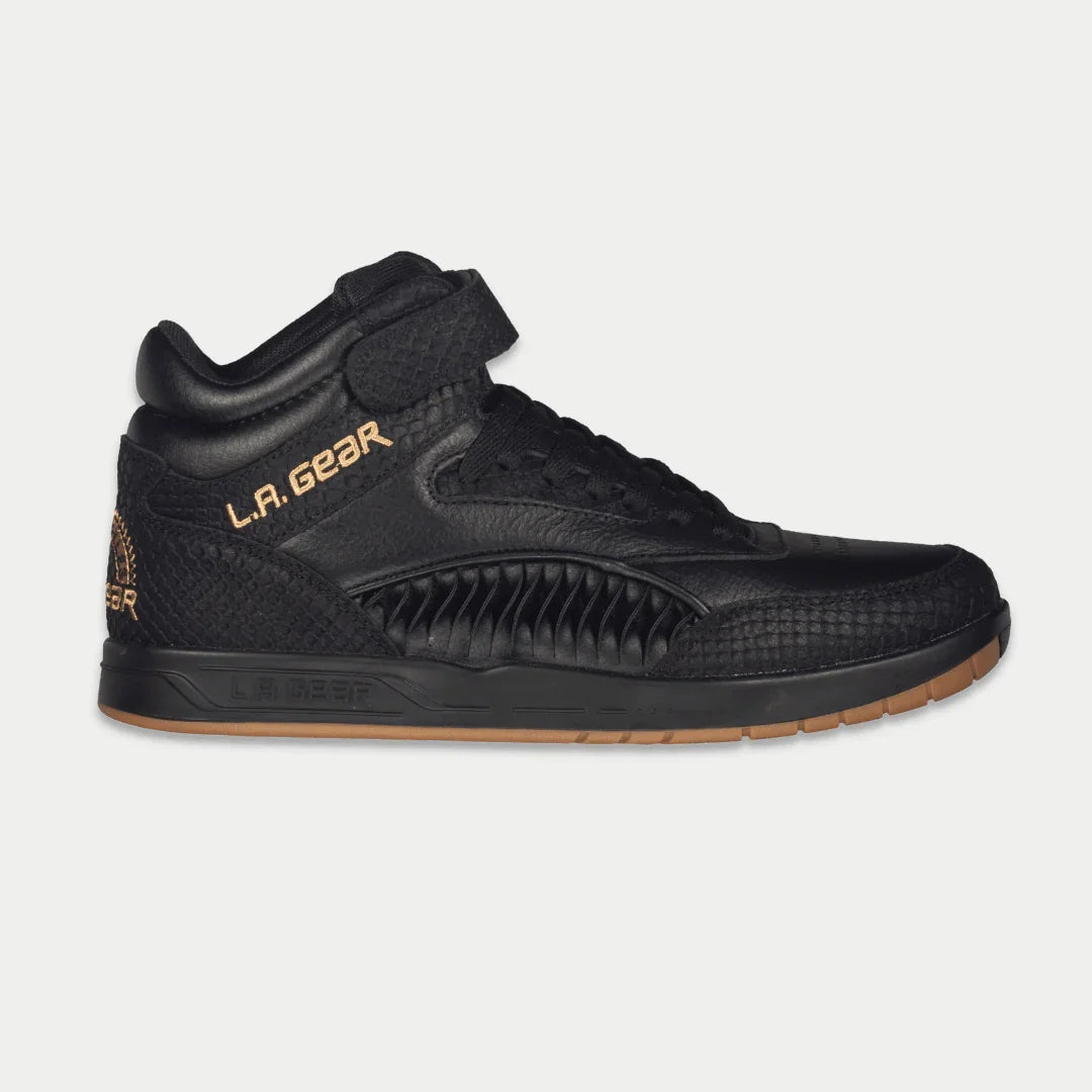 Men's black high-top sneakers with lace-up closure and LA Gear logo