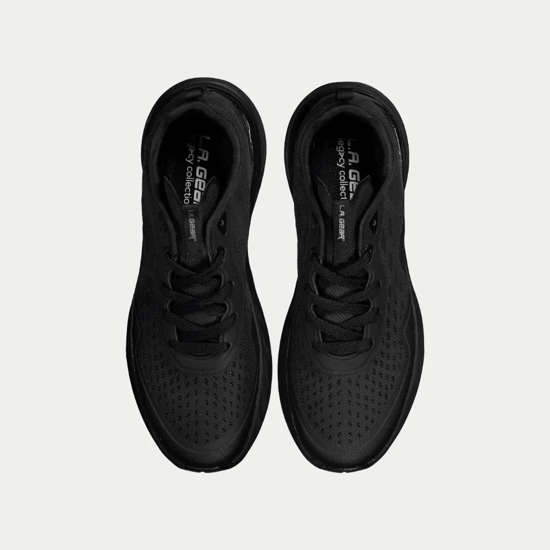 Black lowtop sneakers, lace-up with textured upper and padded interior collar