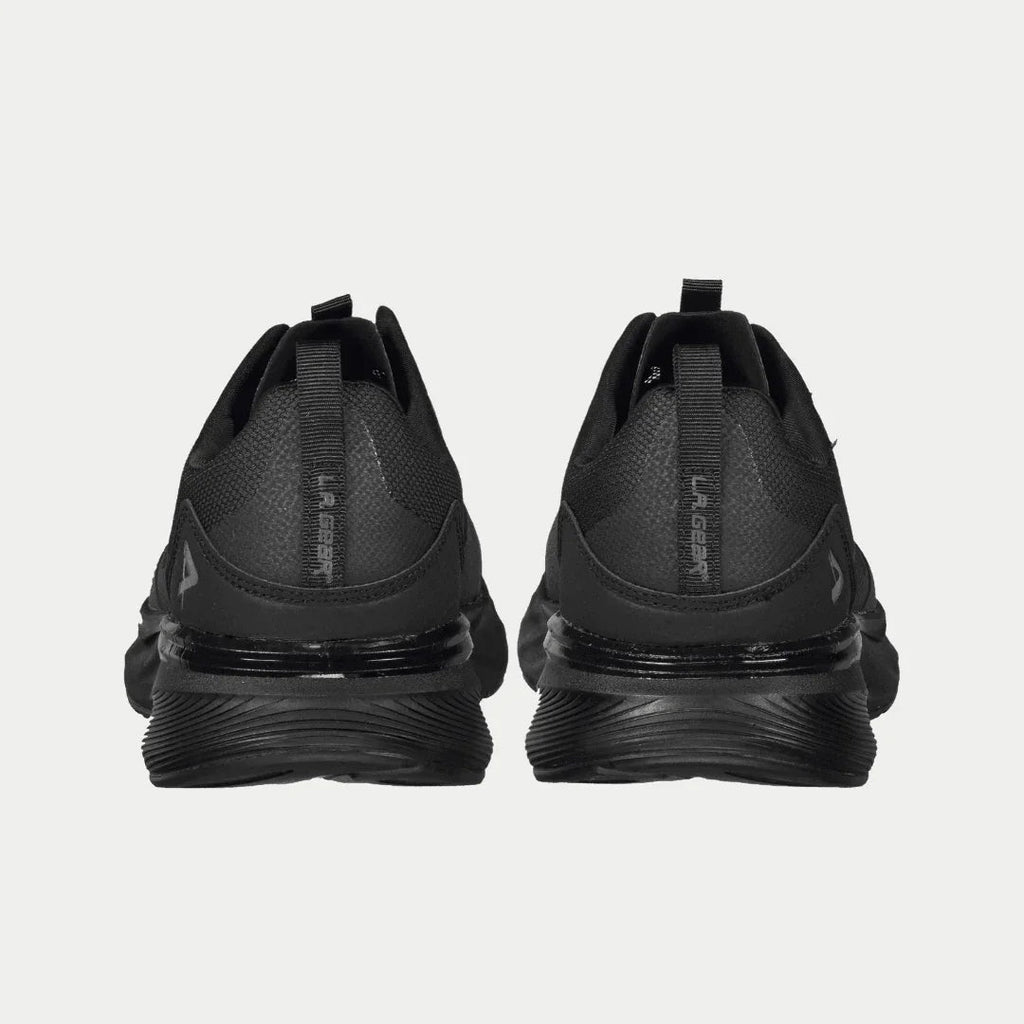 Black lowtop sneakers showing heel counter and ribbed, multi-layer sole