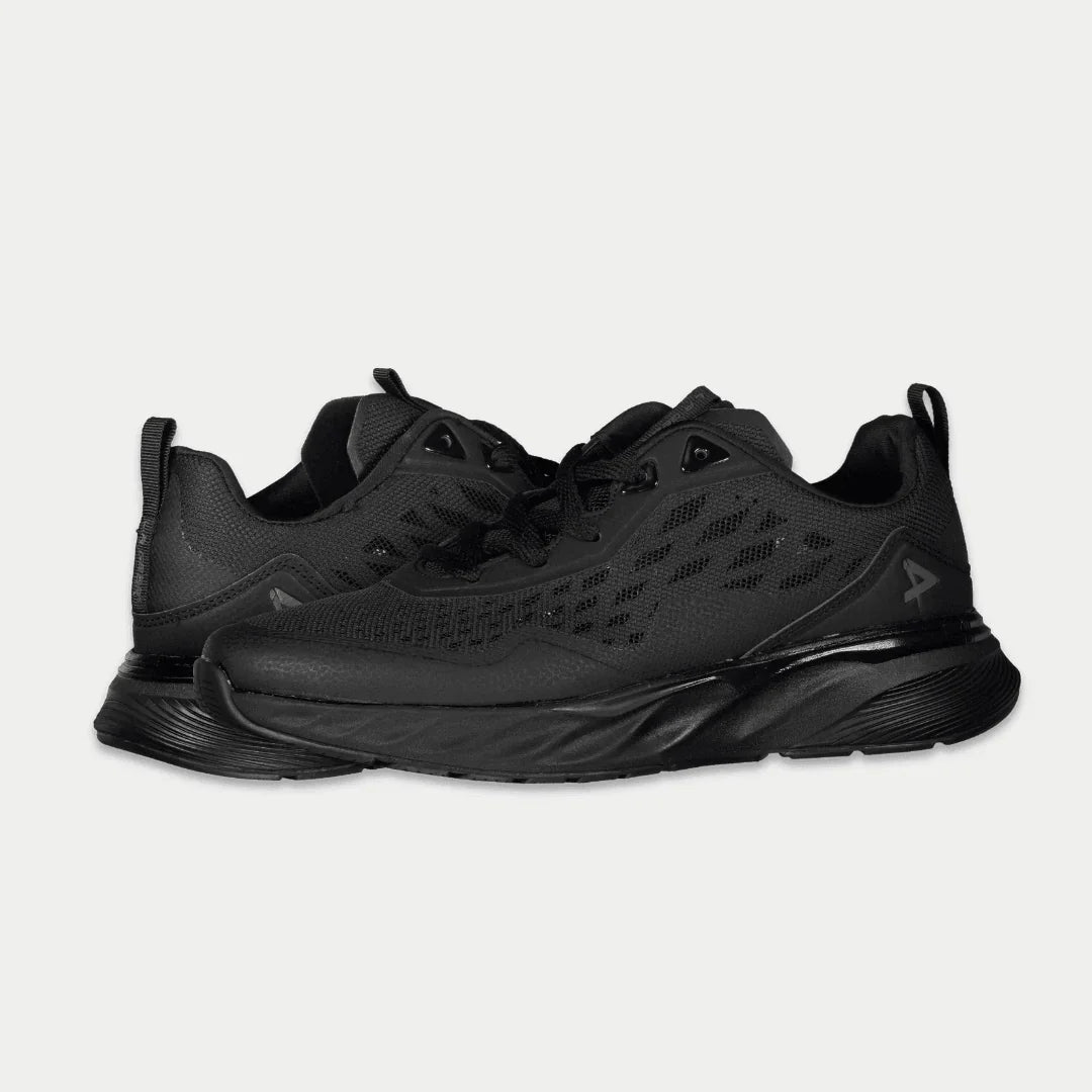 Black lace-up lowtop sneakers with textured upper and glossy side stripe detail