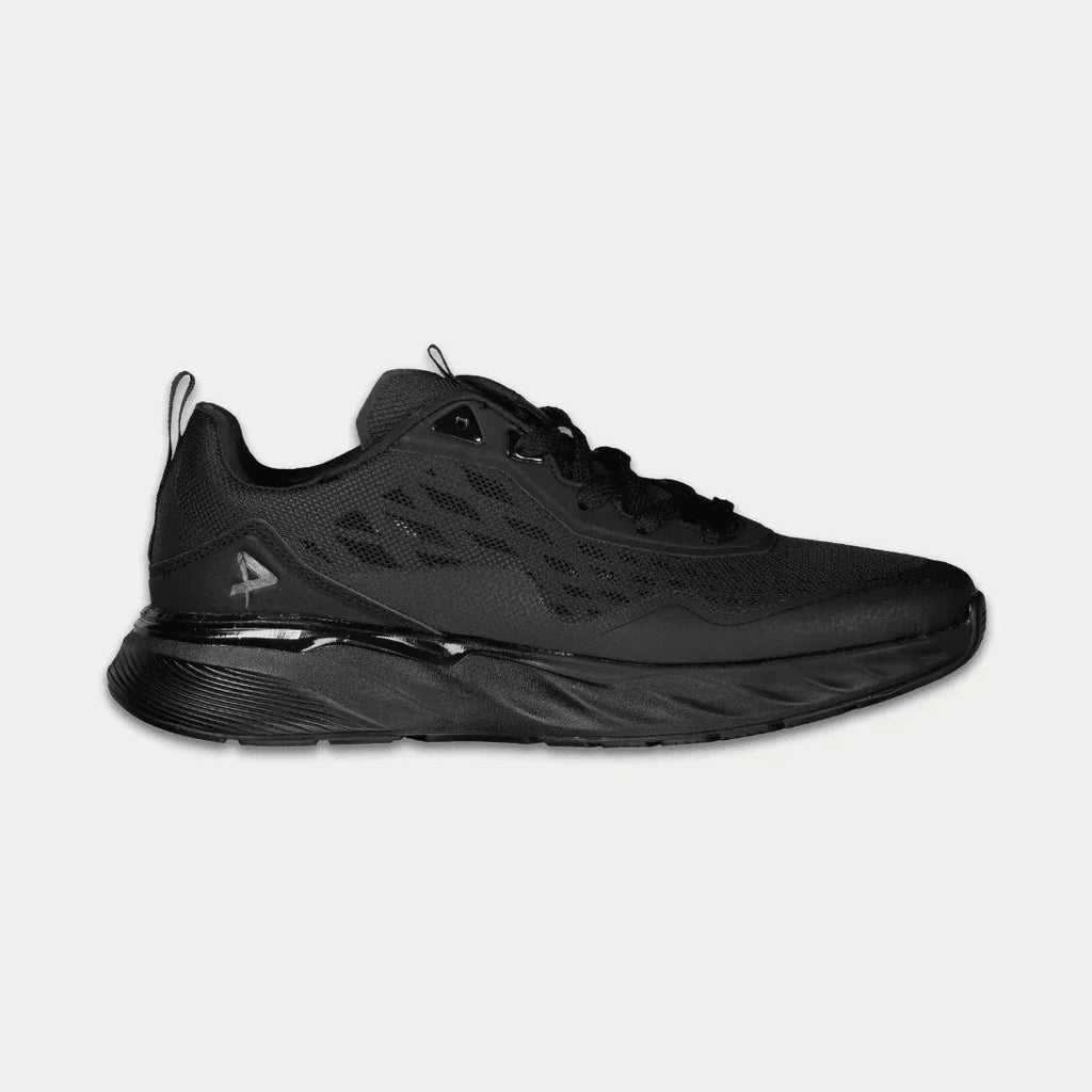 Black men's lowtop sneakers with lace-up front, textured upper, and cushioned sole