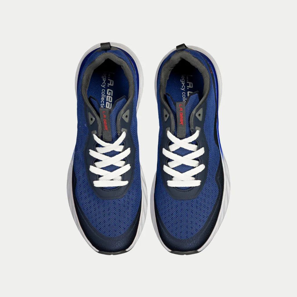 Pair of navy blue lowtop sneakers with white lace-up front