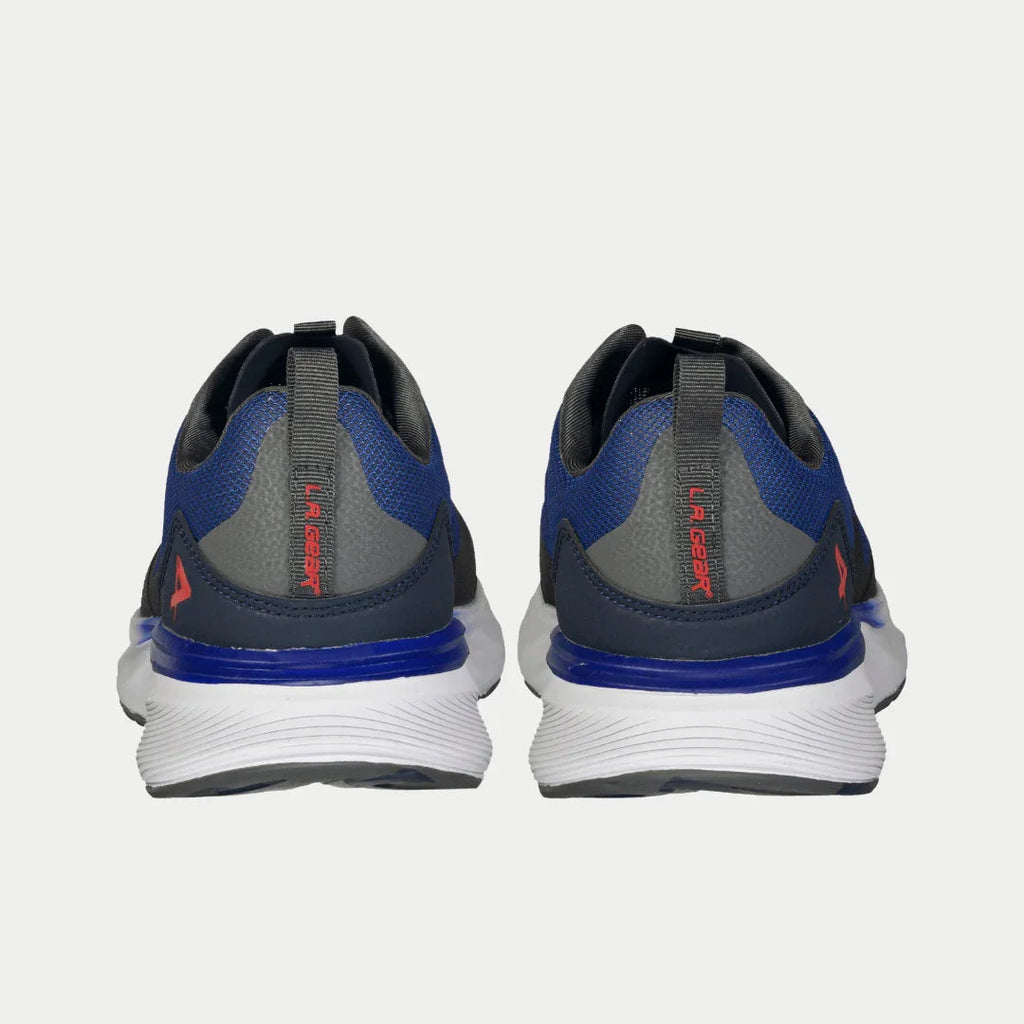 Pair of navy blue lowtop sneakers with heel pull tabs and white midsole