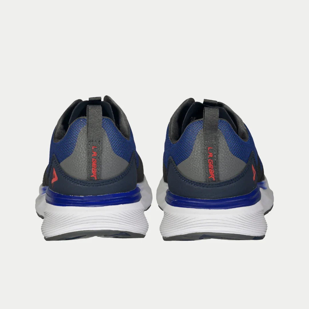 Pair of navy blue lowtop sneakers with heel pull tabs and white midsole