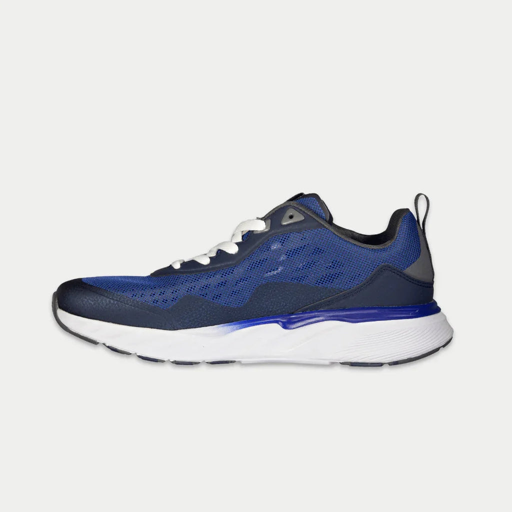 Men's navy blue lowtop sneakers with white laces and blue accent stripe