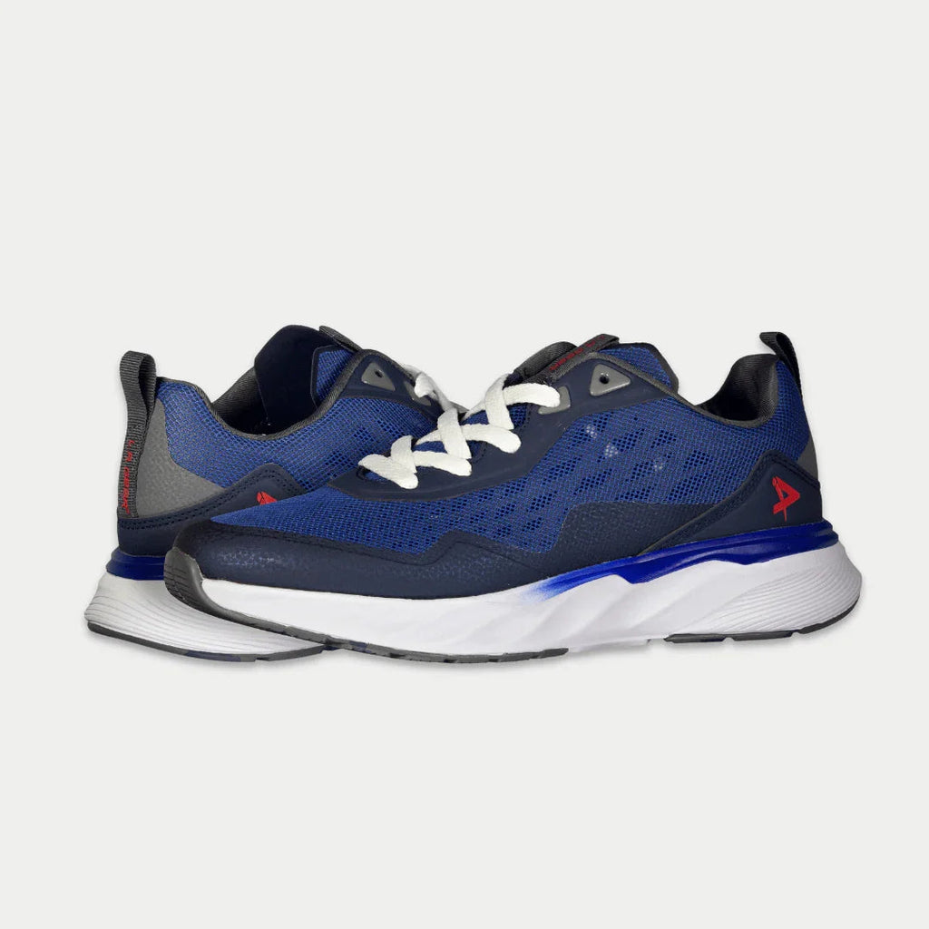 Men's navy blue lowtop sneakers with white laces, blue side panels, cushioned sole