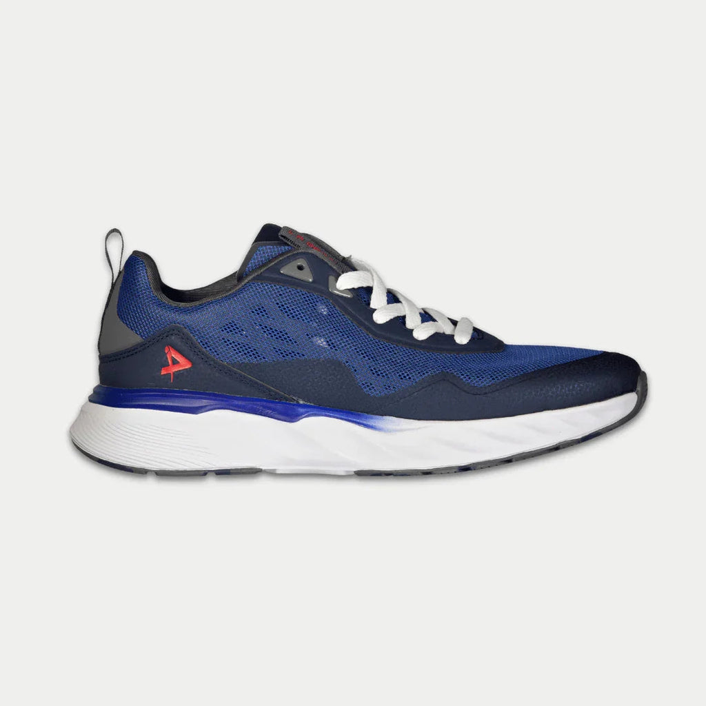 Men's navy blue mesh lowtop sneakers with white laces and rubber sole