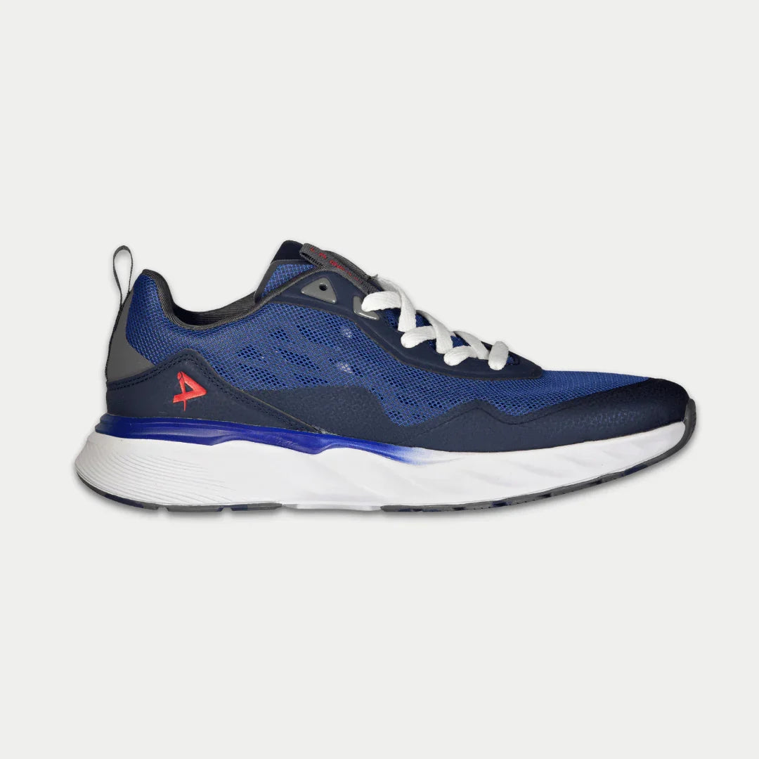 Men's navy blue mesh lowtop sneakers with white laces and rubber sole