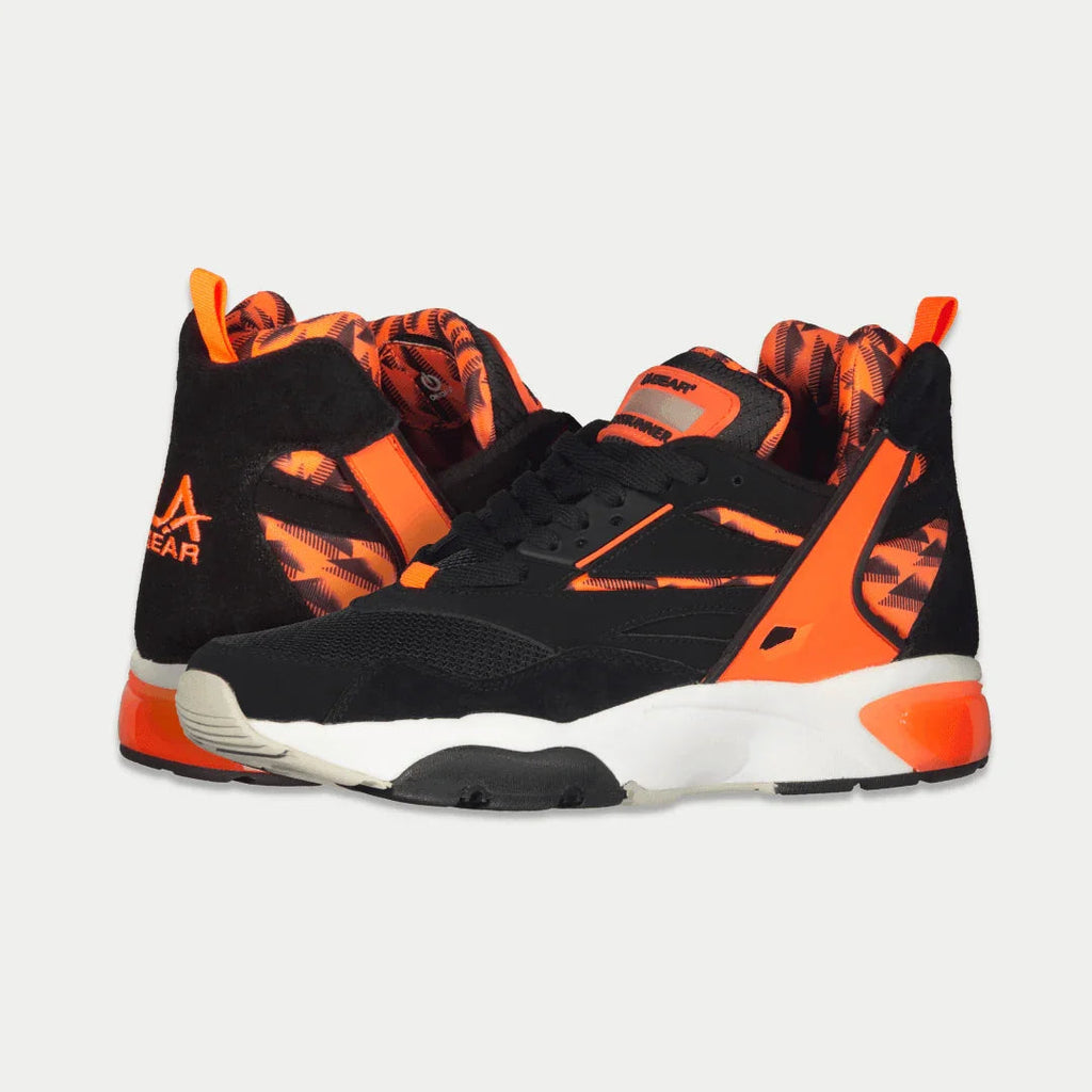 Men's black mid-top light-up sneakers with neon orange panels, lace-up design