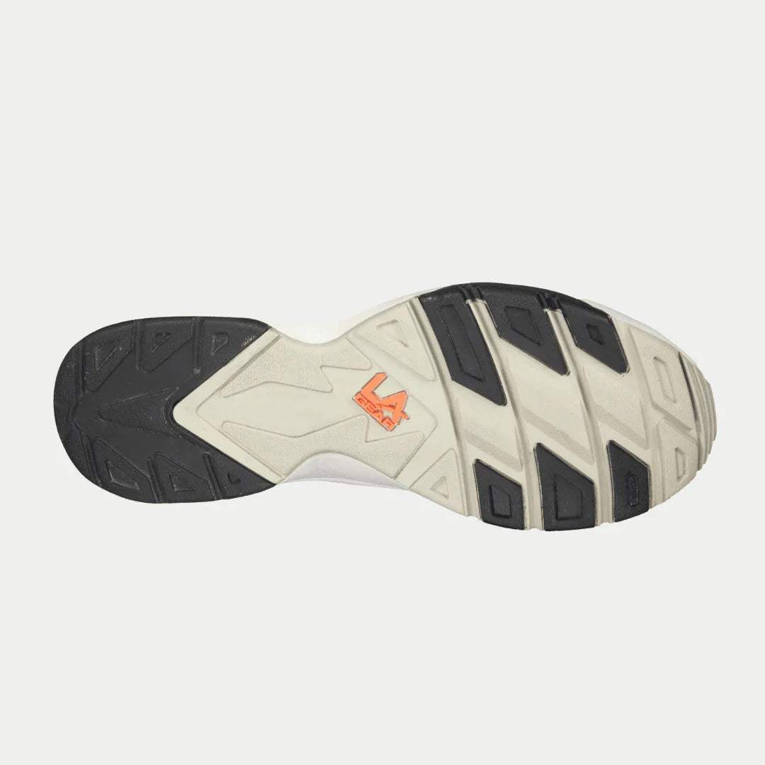 Men's sneaker outsole with black and off-white tread and orange logo mark