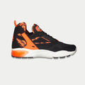 Men's black mid-top light-up sneakers with neon orange accents and lace-up closure