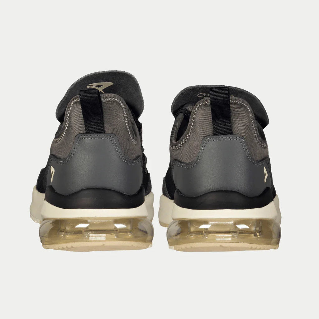 Men's black and gray lowtop sneakers, rear view with air-cushion sole