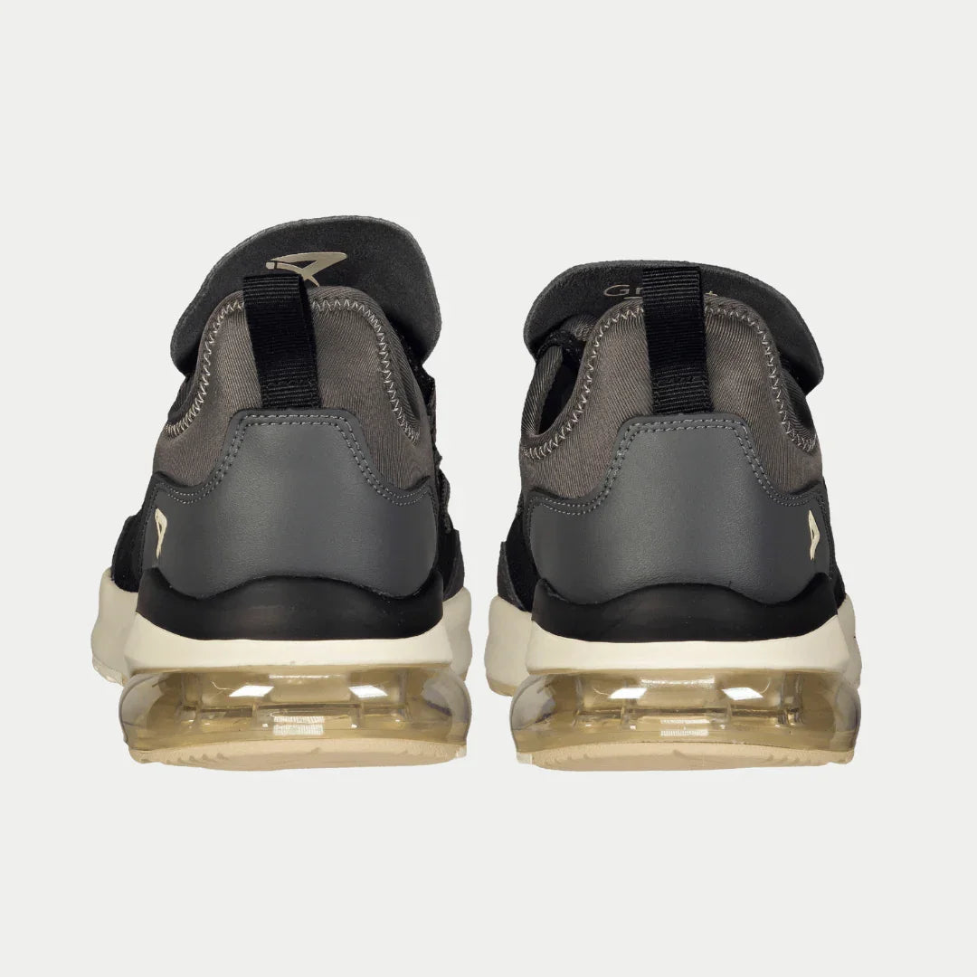 Men's black and gray lowtop sneakers, rear view with air-cushion sole