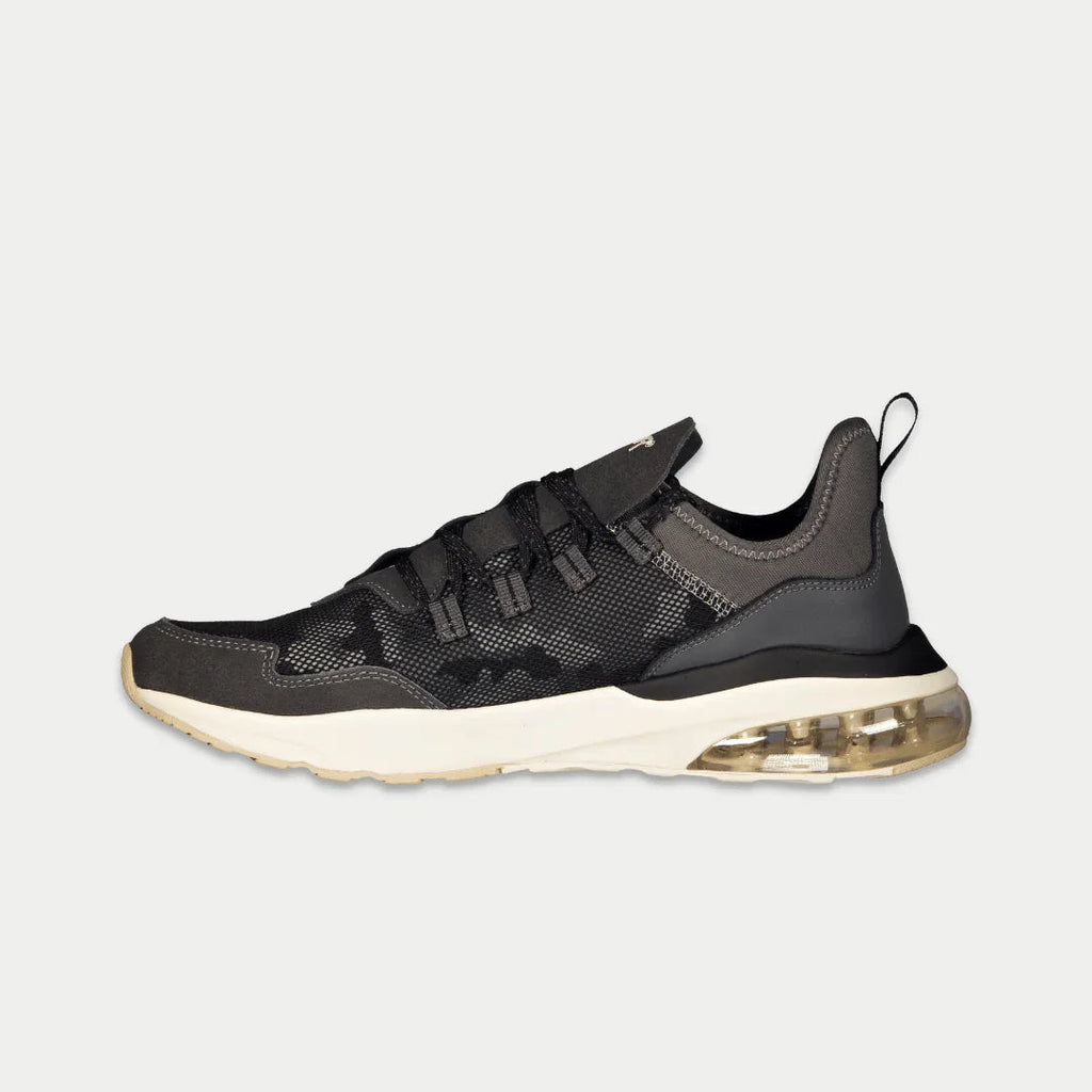 Men's black and gray lowtop sneakers with mesh upper and lace-up closure