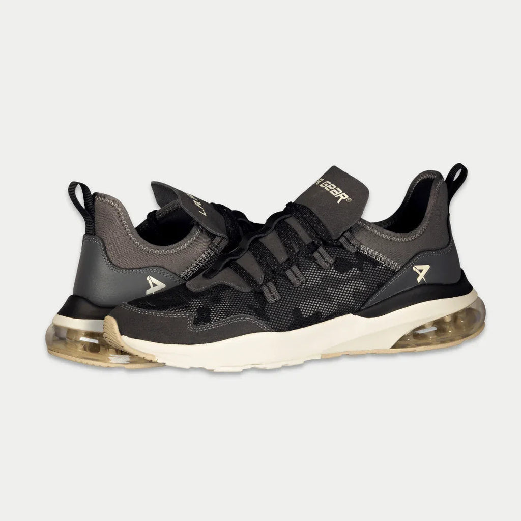 Men's black and gray lowtop sneakers, lace-up front, visible air sole