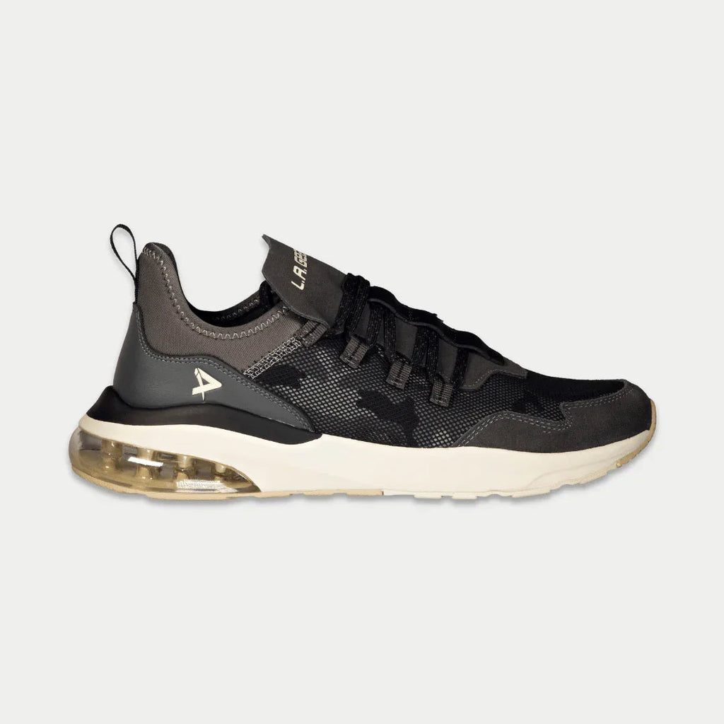 Men's black and gray lowtop sneakers with lace-up and cushioned collar