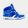 Blue high-top men’s sneakers with white toe cap, lace-up front, LA Gear logo