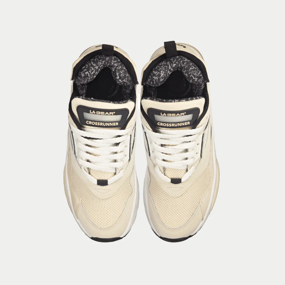 Men's off-white sneakers with black padded collars and 'LA GEAR' crossrunner label