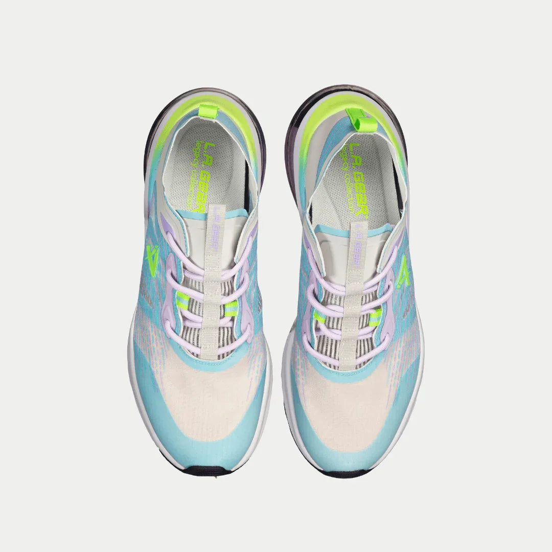 LA Gear womens sneaker pair top view with gray uppers and neon green details