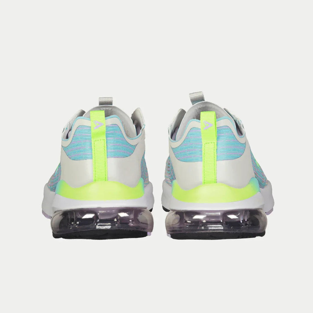 LA Gear womens lowtop sneakers heel view with neon green back panel and air unit
