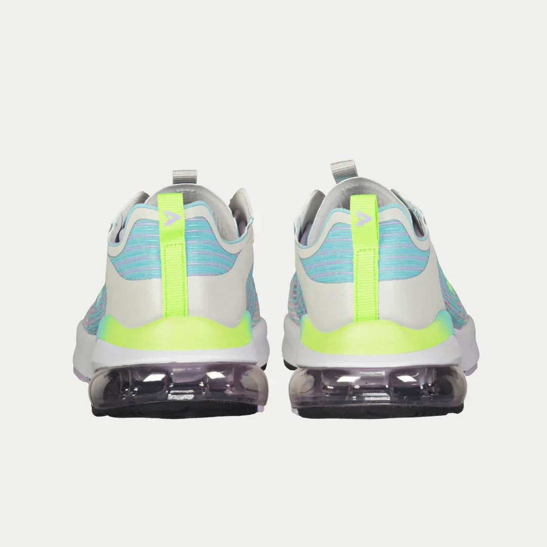 LA Gear womens lowtop sneakers heel view with neon green back panel and air unit