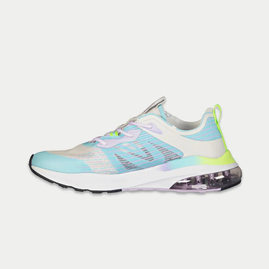 LA Gear womens lowtop sneakers in light blue gradient with neon green accents