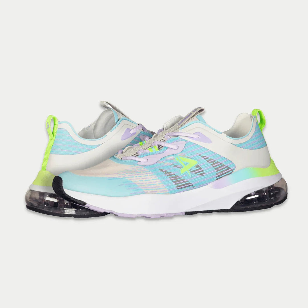 LA Gear womens lowtop sneakers, gray and light blue with neon green heel tabs