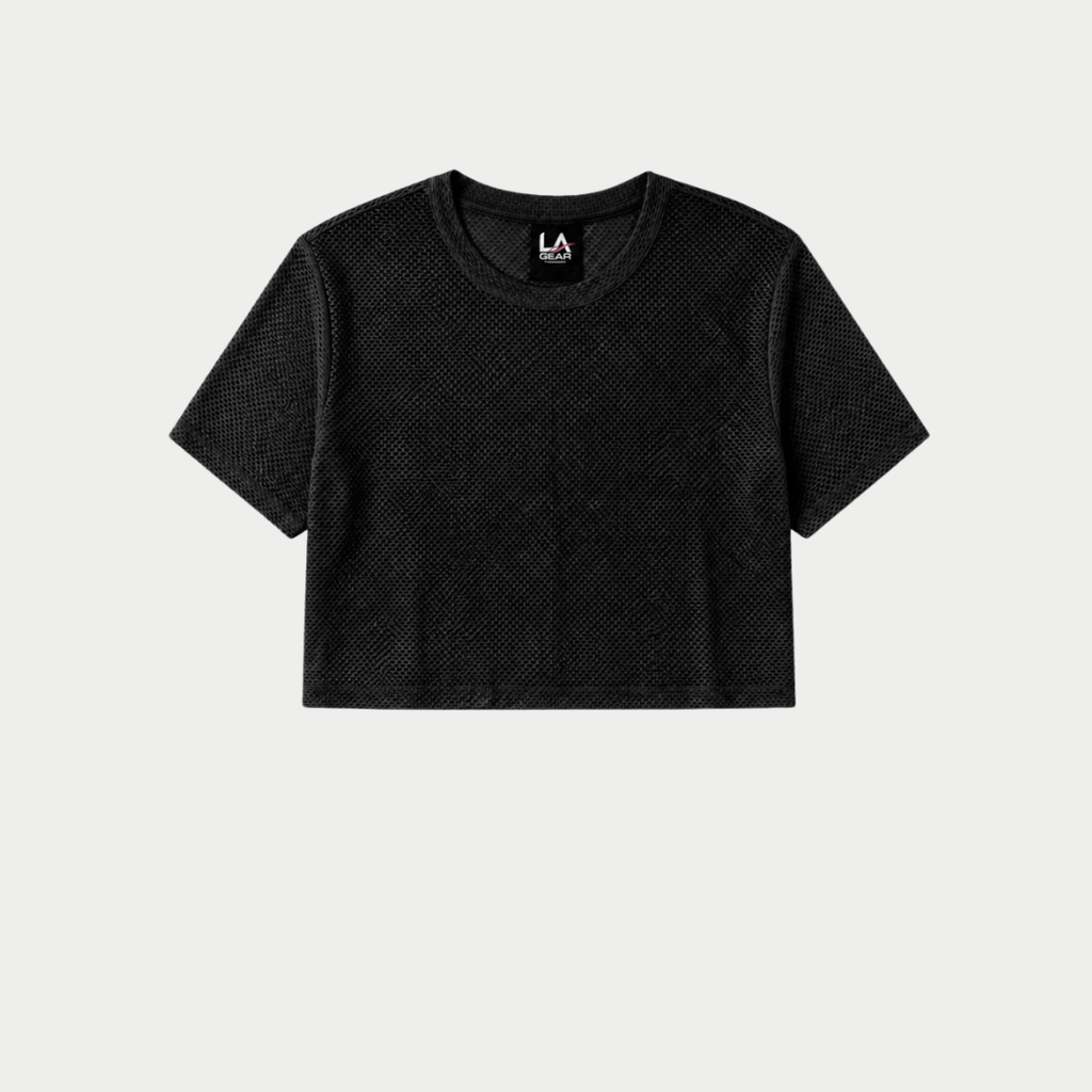 Black cropped mesh tee with short sleeves and crew neckline