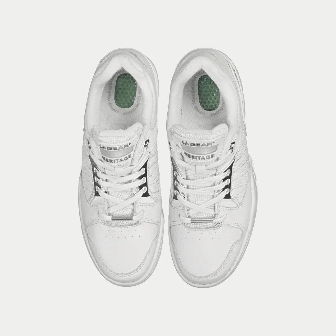 Pair of white low-top sneakers, rear view, padded heel and lace eyelets