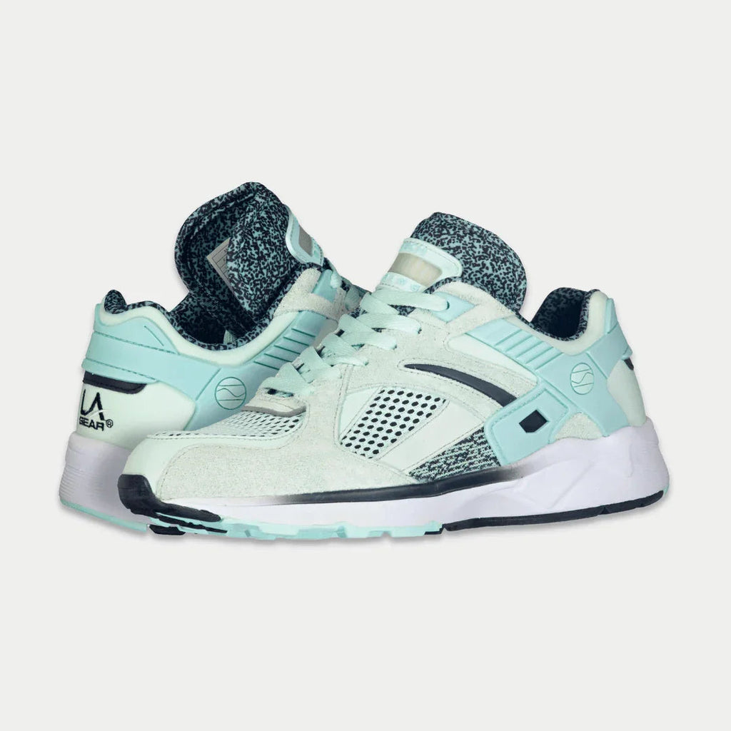 Mint lowtop lace-up sneaker, side view with mesh panel and contrast dark accents