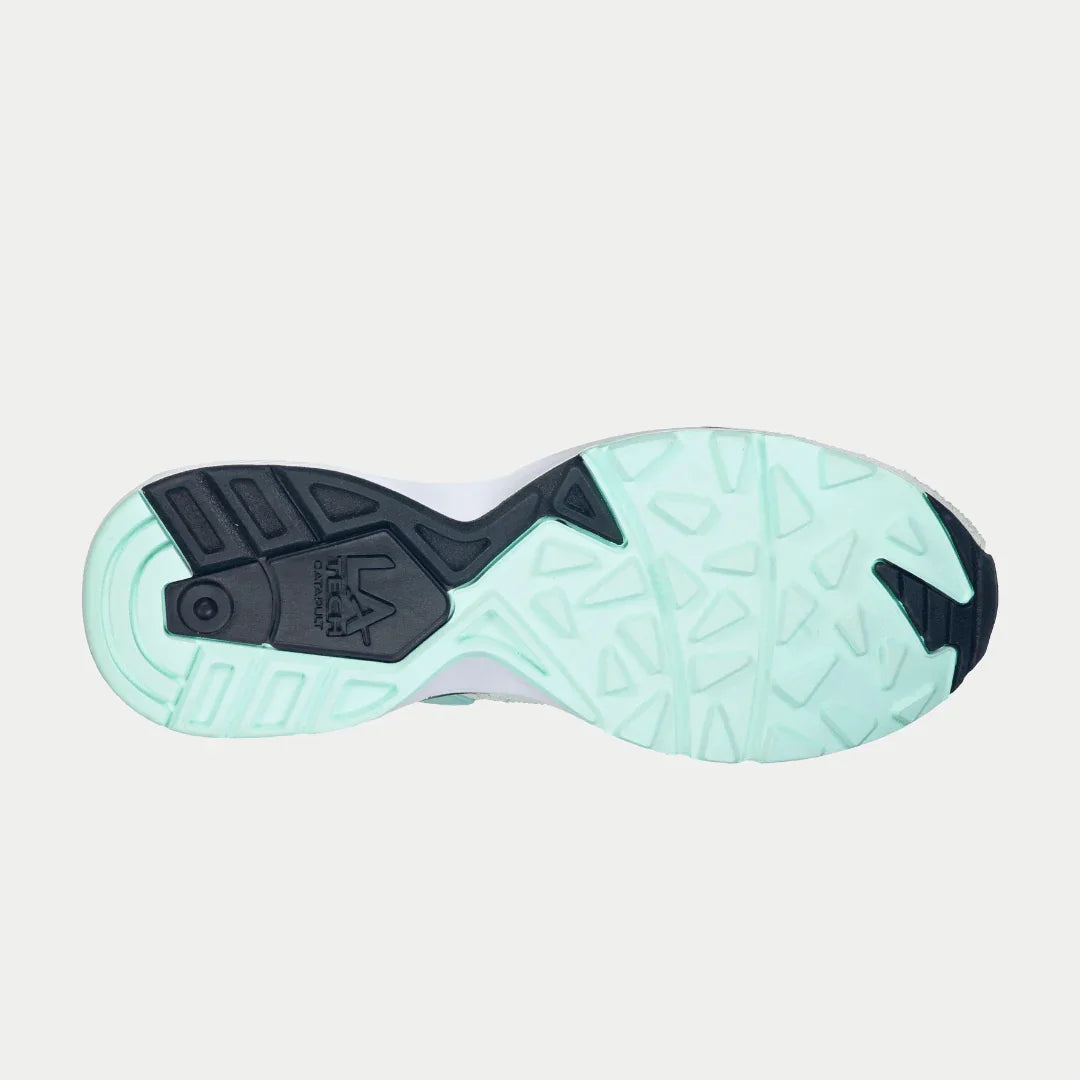 Mint and white sneaker outsole with tread pattern and black traction details