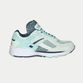 Mint and black lowtop lace-up sneaker with speckled collar and perforated side panel