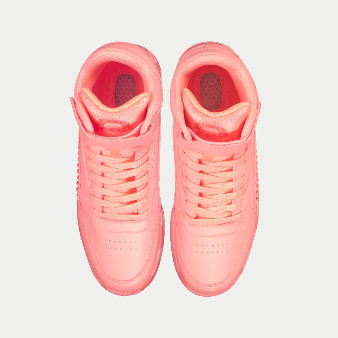 Neon peach high-top sneakers with lace-up eyelets, cushioned tongue, and collar lining