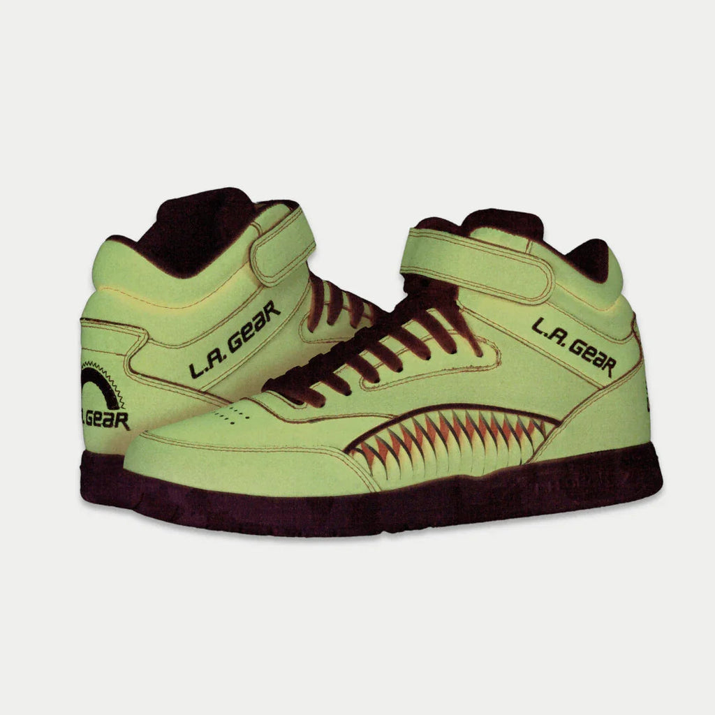 Olive green high-top sneakers with lace-up front and LA Gear side logo