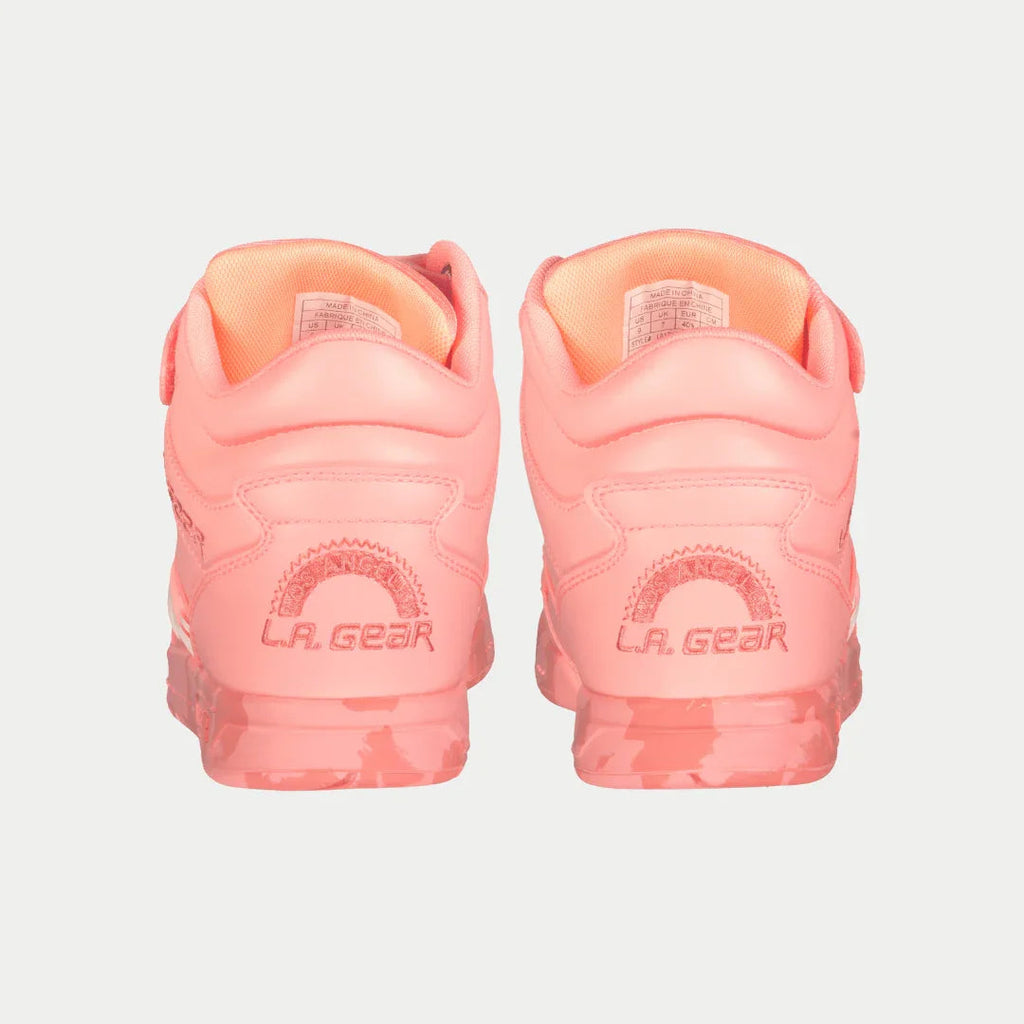 Neon peach high-top sneakers with rear logo and padded heel tabs