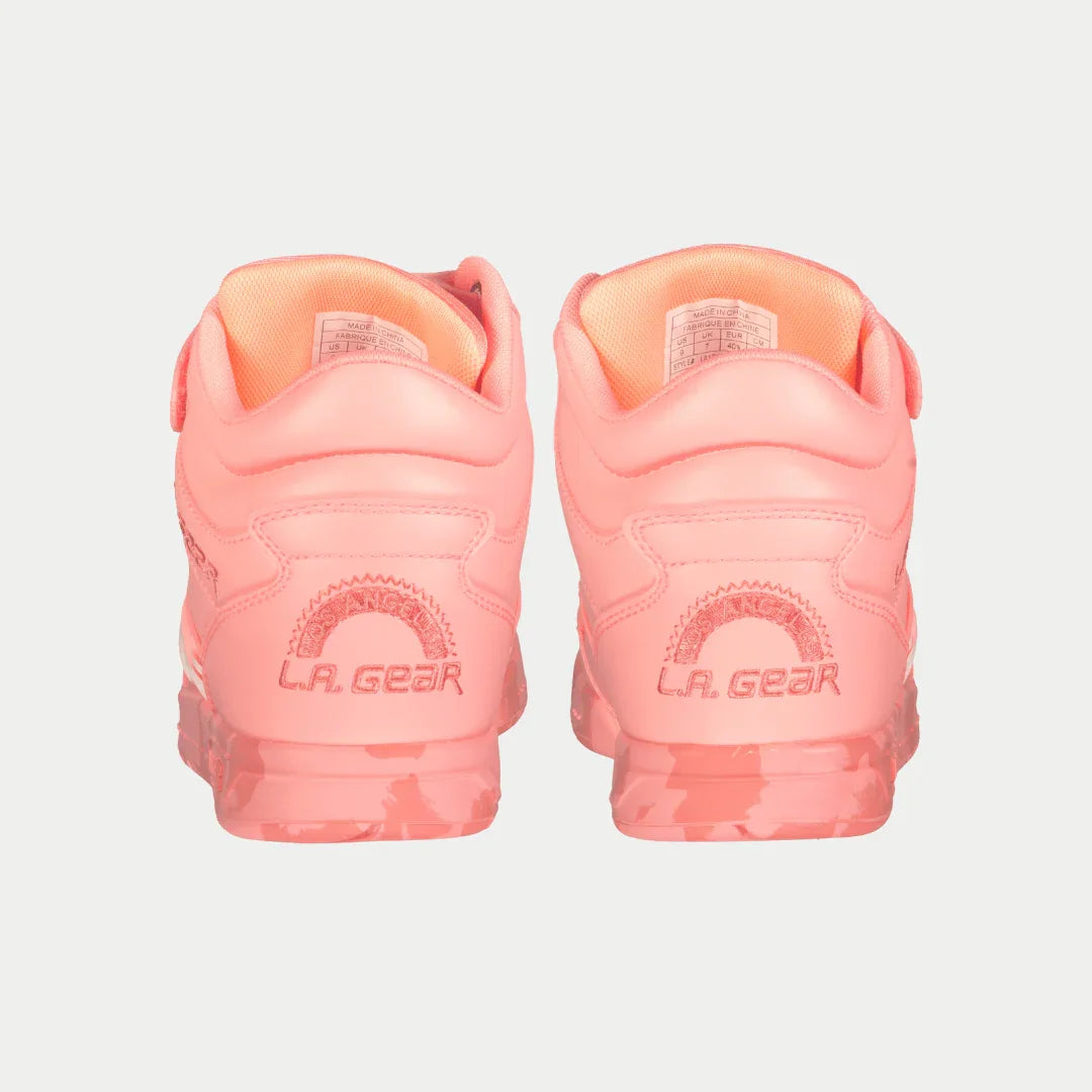 Neon peach high-top sneakers with rear logo and padded heel tabs