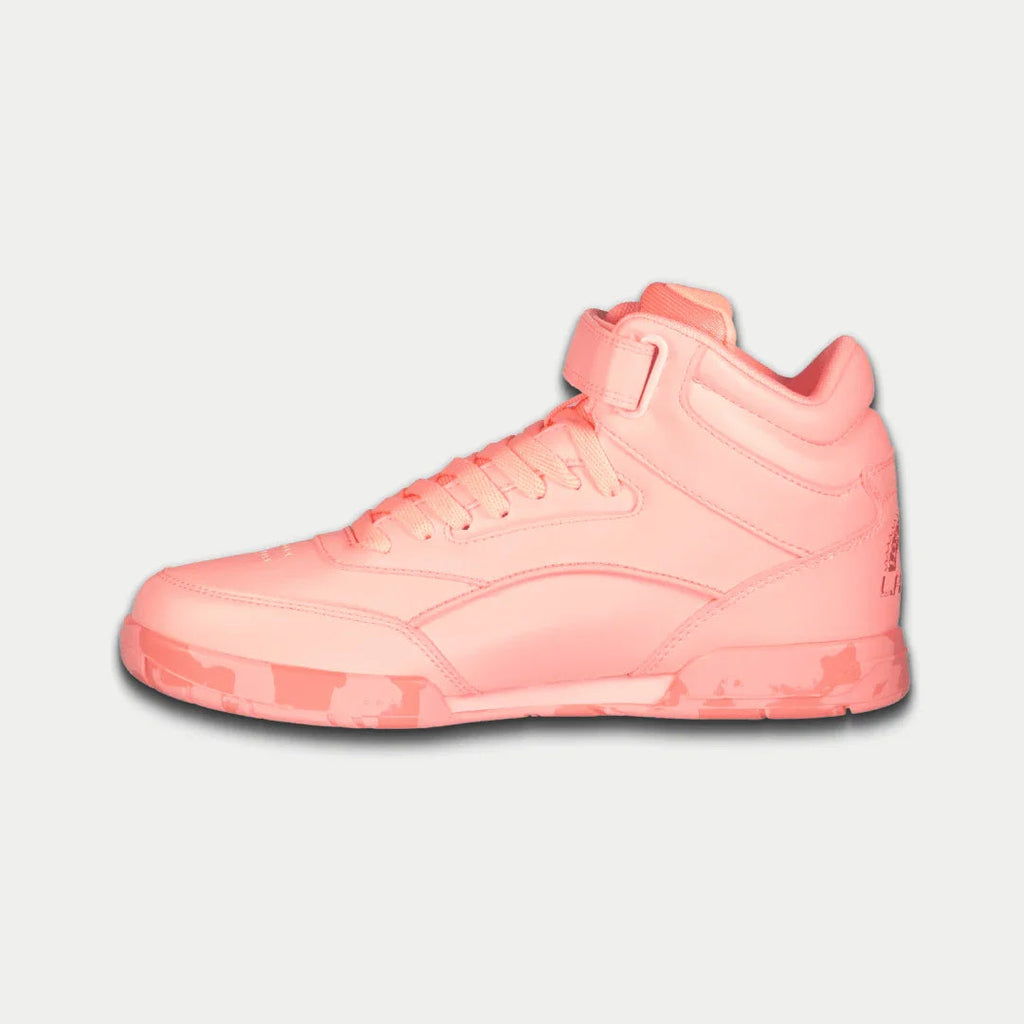 Neon peach high-top sneakers with lace-up front, padded collar, and chunky sole